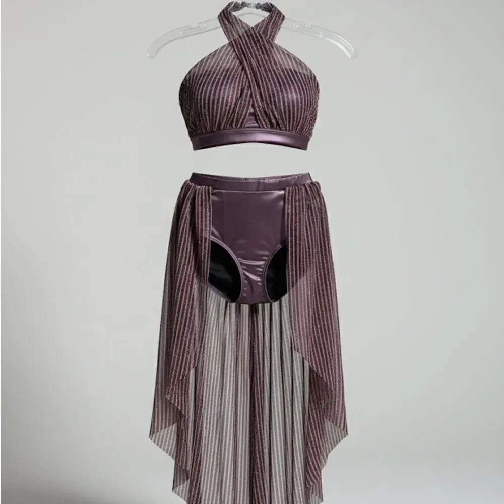 Double Platinum purple shimmer Halter Crop Top and Skirt Kids Dance Costume AXS